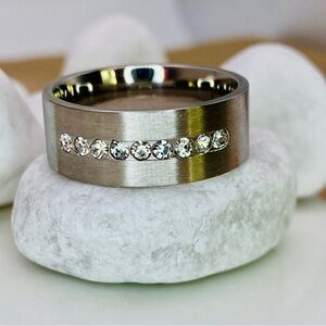 Titanium Steel- Minimalist-  Diamond CZ- Flat Wedding Band Matte Silver Ring